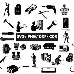 May include: Black and white vector illustrations of electrical tools and workers, including pliers, drills, and a multimeter. Text includes "SVG/PNG/DXF/CDR" and phrases like "I make sparks fly professionally."