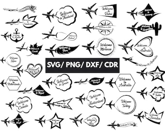 Travel Airplane SVG Bundle | "Welcome To" Country Decal, Vacation Gift, Luggage Sticker Cricut DXF