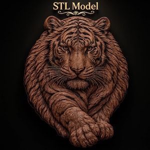 May include: A brown, carved-style digital relief of a tiger head and front paw facing forward, featuring detailed fur texture and facial stripes. The text 'STL Model' is displayed in gold lettering above the tiger on a solid black background.