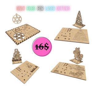 Conjunto de cartões postais de Natal, arquivos cortados a laser, presente de árvore de Natal, cartão de lembrança de Natal, plano vetorial CNC, arquivo de padrão de modelo, corte CNC, DXF SVG