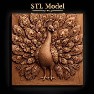 May include: A square wooden relief carving featuring a detailed peacock with its tail feathers fanned out in a circular pattern. The design includes intricate feather textures and eye motifs. The text STL Model is displayed at the top.