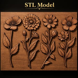 May include: A rectangular wooden panel featuring a relief carving of four distinct flower stems. The text "STL Model" is printed in gold at the top. Each flower displays detailed petals, leaves, and buds in a natural brown wood grain finish.