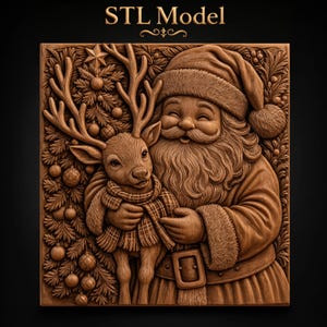 Smiling Santa Claus Hugging Baby Reindeer Plaid Scarf Christmas Tree Ornaments Star STL for CNC Router | 3D Relief Wood Panel