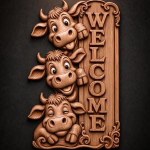 May include: A vertical wooden wall plaque featuring three carved cow heads stacked on the left side and the word WELCOME carved in large capital letters on the right. The design includes decorative scrollwork and a wood grain texture throughout.