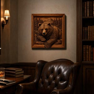 May include: A square wooden wall art piece featuring a three-dimensional relief carving of a brown bear resting in a forest setting. The bear is depicted with detailed fur texture, positioned against a backdrop of carved pine trees and mountains.
