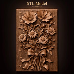 Cosmos Daisy Flower Bouquet with Ribbon Bow Buds Leaves Scattered Petals STL for CNC Router | 3D Relief Wood Panel