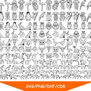 Peut inclure: Illustration en noir et blanc de nombreux animaux géométriques. L'image présente des oiseaux, des mammifères et des créatures marines, chacun avec un design polygonal. Le texte "SVG/PNG/DXF/CDR" est visible en bas de l'image.
