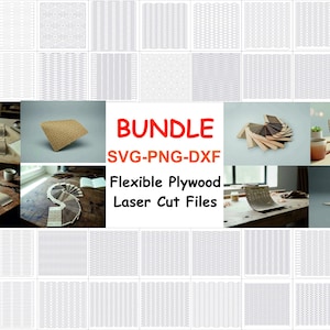 Puede incluir: Un conjunto de archivos de corte l&aacute;ser para madera contrachapada flexible, en formatos SVG, PNG y DXF. La imagen muestra varios patrones y dise&ntilde;os, junto con ejemplos de productos terminados, como una silla curvada y paneles decorativos. La palabra "BUNDLE" es roja.