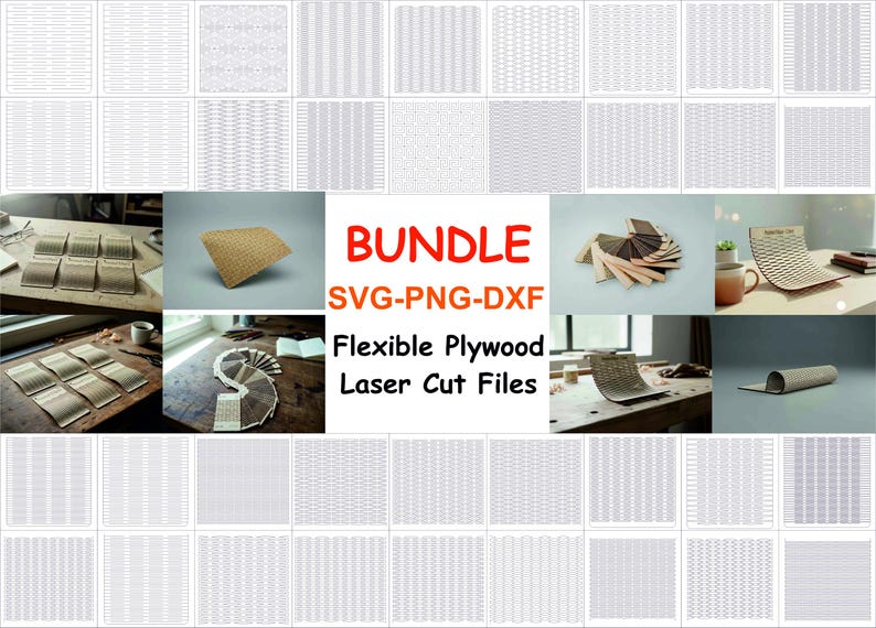 Puede incluir: Un conjunto de archivos de corte l&aacute;ser para madera contrachapada flexible, en formatos SVG, PNG y DXF. La imagen muestra varios patrones y dise&ntilde;os, junto con ejemplos de productos terminados, como una silla curvada y paneles decorativos. La palabra "BUNDLE" es roja.