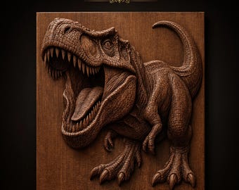 ティラノサウルス・レックス（T-Rex）恐竜、口を開け、鋭い歯、詳細な鱗、爪を備えたCNCルーター用STLファイル | 3Dレリーフ木製壁アート