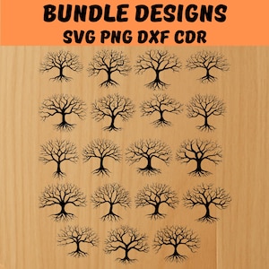 May include: A collection of black tree designs with intricate branches and roots, arranged on a light brown wooden background. The image includes the text "BUNDLE DESIGNS SVG PNG DXF CDR" in bold black letters at the top.