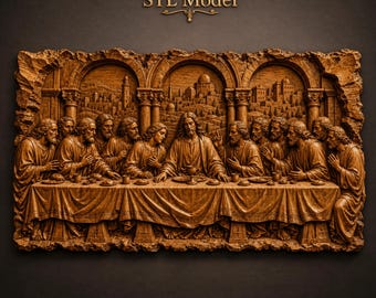 Last Supper Jesus with Twelve Apostles at Table Jerusalem Arches STL File for CNC Router | Religious 3D Relief Wood Carving Wall Panel