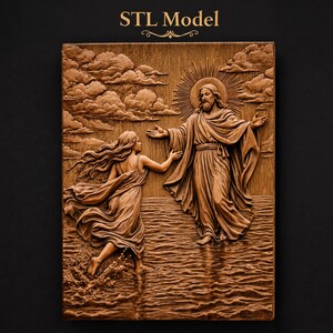 May include: A rectangular wooden relief carving featuring the text STL Model at the top. The scene depicts a figure with long hair reaching toward a bearded figure with a halo standing on water, surrounded by clouds and a sunburst background.