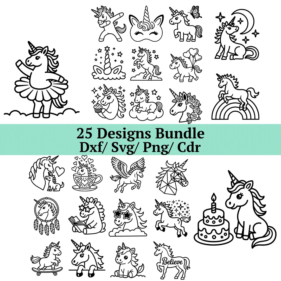 Baby Unicorn SVG DXF Bundle, 25 Cute Magical Pony Designs, Birthday ...