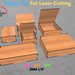 Laser Cut Box With Flip Up Lid , Six Different Size Box , for 3mm, 1/8inch material , GlowForge , Xtool, SVG , DXF , CDR Box laser files svg