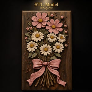 May include: A rectangular wooden wall plaque featuring a relief carving of a bouquet of pink and white daisy-like flowers with yellow centers, green leaves, and a large pink ribbon tied at the base. The text STL Model is printed at the top.