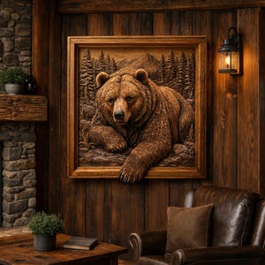 May include: A square wooden wall art piece featuring a detailed relief carving of a brown bear resting in a forest setting. The bear is depicted with textured fur, extending one paw over the bottom edge of the wooden frame into the room.