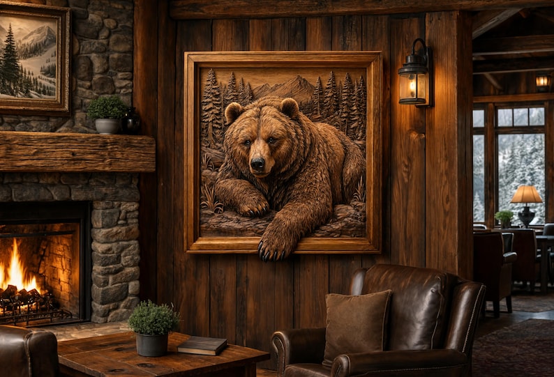 May include: A square wooden wall art piece featuring a detailed relief carving of a brown bear resting in a forest setting. The bear is depicted with textured fur, extending one paw over the bottom edge of the wooden frame into the room.