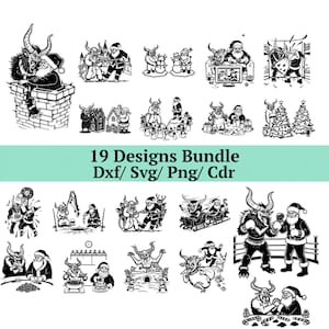 May include: A collection of 19 black and white digital designs featuring Krampus and Santa Claus in various scenes. The designs include images of Krampus on a chimney, and Santa Claus boxing. Text reads "19 Designs Bundle Dxf/ Svg/ Png/ Cdr".
