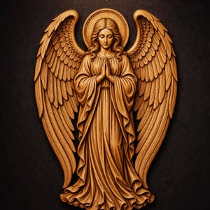 May include: A light brown wood-toned relief carving of an angel with large feathered wings and hands pressed together in prayer. The figure features a circular halo behind the head and flowing robes. The text STL Model is centered at the top.