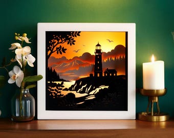 Caja de luz con faro y puesta de sol (SVG), plantilla de caja de luz 3D para cortar en papel, archivo de corte Cricut de paisaje costero, descarga de recorte de papel náutico