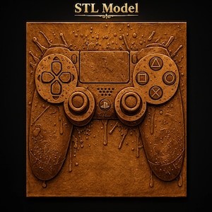 Detaillierter Gamecontroller mit zwei Joysticks, Steuerkreuz, Farbspritzer-Hintergrund (STL-Datei für CNC-Fräse) | 3D-Relief-Wandkunst aus Holz