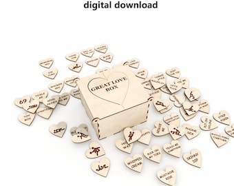 GREAT Love Box Set 62 Tokens - Laser cut files SVG, DXF - cnc pattern - Valentine Gift For - bang box svg - Date Night - Gag Gift  - Bedroom