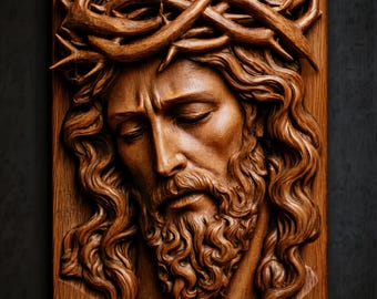 Jesus Christ Face with Crown of Thorns Long Flowing Hair Beard STL File for CNC Router | Religious 3D Relief Wood Carving Wall Panel
