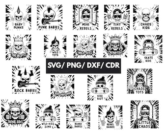Punk Kids SVG Bundle | Skull Logo Mini Rebels, Rock Babies Wild Tots Cut File, Tiny Chaos Kids Cricut DXF