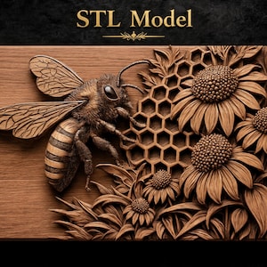 Honeybee with Striped Abdomen Honeycomb Hexagons Coneflowers Echinacea Leaves STL for CNC Router | 3D Relief Wood Panel