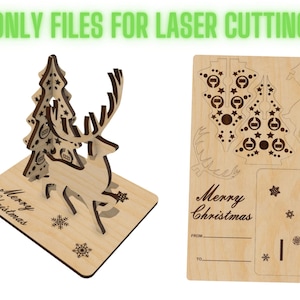 Tarjeta de Navidad Archivos cortados con láser, Regalo de árbol de Navidad, Tarjeta de recuerdo de Navidad, Plan vectorial Cnc, Archivo de patrón de modelo, Corte Cnc, Plantilla DXF SVG