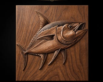 マグロのヒレ、鱗、横顔、木目調の背景を詳細に再現したCNCルーター用STLファイル｜3Dレリーフ木製ウォールアート