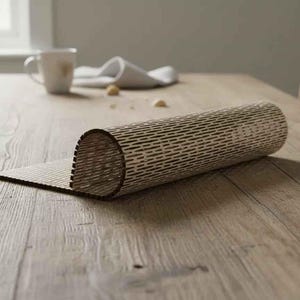 Puede incluir: Un mantel individual de madera enrollado con un dise&ntilde;o geom&eacute;trico, parcialmente desenrollado sobre una mesa de madera. El mantel individual es de color marr&oacute;n claro con l&iacute;neas marrones oscuras. Una taza y una servilleta blancas est&aacute;n en el fondo.