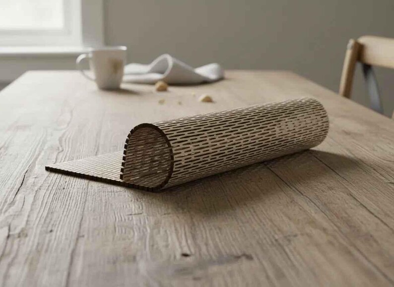 Puede incluir: Un mantel individual de madera enrollado con un dise&ntilde;o geom&eacute;trico, parcialmente desenrollado sobre una mesa de madera. El mantel individual es de color marr&oacute;n claro con l&iacute;neas marrones oscuras. Una taza y una servilleta blancas est&aacute;n en el fondo.