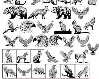 Paquete SVG de animales de árbol / Criaturas espirituales del bosque para Cricut, corte láser, CNC / Lobo, caballo, águila, oso, zorro, gato / Imágenes prediseñadas de naturaleza y bosque