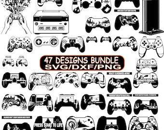 Paquete de 47 controladores de juegos SVG / Diseños de gamepad de video PNG / Citas de gamers DXF / Imágenes prediseñadas de consola / Descarga instantánea / Archivos Cricut