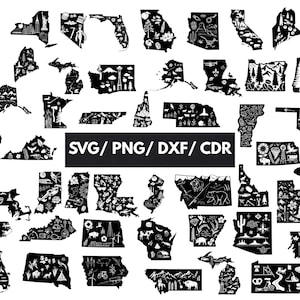 Puede incluir: Ilustraciones en blanco y negro de los contornos de los estados de EE. UU., cada uno lleno de iconos que representan monumentos y símbolos. Se incluye el texto "SVG / PNG / DXF / CDR". Archivos de diseño digital.