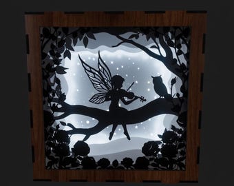 Caja de sombras de violín de hadas SVG, plantilla de caja de luz de papel recortada en 3D, lámpara nocturna de búho tocando el violín de hadas, archivo de corte Cricut Bosque encantado recorte de papel