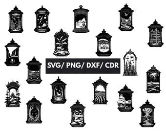 Nature Lantern SVG Bundle | Laser Cut File, Shadow Box Scene, Night Light Decor, Glowforge DXF