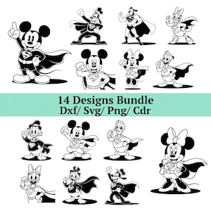 Puede incluir: Ilustraciones en blanco y negro de varios personajes de dibujos animados, incluyendo Mickey Mouse, Minnie Mouse, Goofy y Donald Duck, en poses de superhéroes. Cada personaje lleva una capa y un emblema de superhéroe. La imagen incluye el texto "14 Designs Bundle".