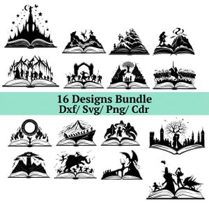 May include: A collection of 16 black and white fantasy-themed designs. Each design features a silhouette scene, such as a castle, mountain, or ship, set within the pages of an open book. The text "16 Designs Bundle Dxf/ Svg/ Png/ Cdr" is included.