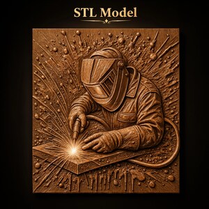 May include: A brown, relief-style STL Model wall art piece depicting a welder wearing a protective helmet and gloves, actively welding a metal plate. The design features intricate textures of sparks and molten metal droplets radiating outward.