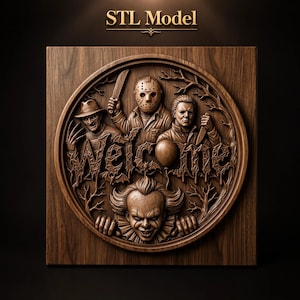 May include: A square wooden wall plaque featuring a circular relief carving of four horror movie characters and the word Welcome. The brown wood design includes a hockey mask figure, a clawed figure, a masked figure with a knife, and a clown.