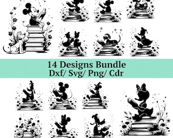 Mickey Mouse Reading Svg Bundle, 14 Classic Minnie Book Scenes Dxf, Png Pluto Friends Cdr Decor Art