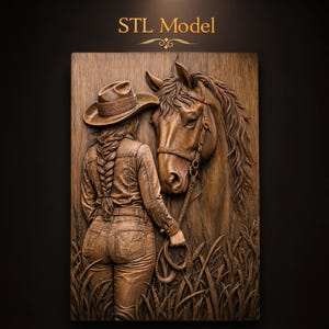 Vaquera con sombrero de vaquero, trenza larga, pantalones vaqueros, sosteniendo la brida de un majestuoso caballo en un campo de trigo. Archivo STL para fresadora CNC / panel de madera en relieve 3D.
