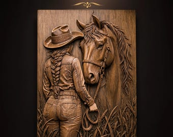 Cowgirl with Cowboy Hat Long Braid Denim Jeans Holding Bridle of Majestic Horse Wheat Field STL for CNC Router | 3D Relief Wood Panel