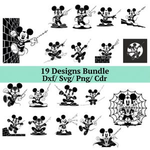 May include: A collection of 19 black and white Mickey Mouse designs in various poses, some with a spider web theme. The designs are available in Dxf, Svg, Png, and Cdr formats.