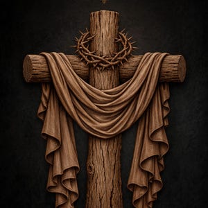 Wooden Cross with Crown of Thorns and Shroud STL File for CNC Router | Religious 3D Relief Wood Carving
