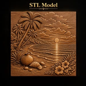 Tropical Beach Scene Palm Trees Sunset Ocean Waves Clay Pot Seashells Hibiscus Flowers Mountains STL for CNC Router | 3D Relief Wall Art