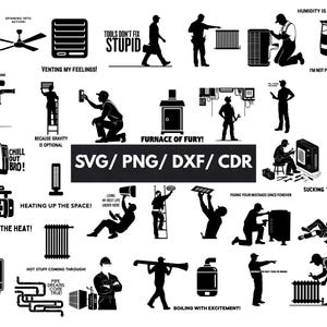 以下が含まれることがあります： HVACと修理作業に関連する白黒のベクターグラフィックのコレクション。画像には、ツール、作業員、機器のイラストが含まれており、「Tools Don't Fix Stupid」などのテキストがあります。ファイル形式はSVG、PNG、DXF、CDRです。